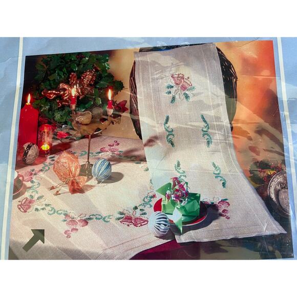 Herrschner's Cross Stitch Kit | Bows and Bells Table Topper 36" Square Holiday - Picture 2 of 10